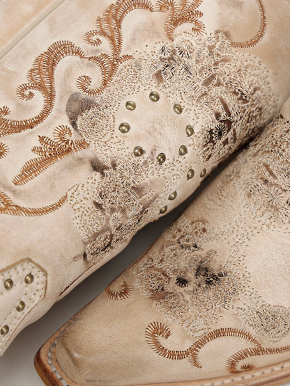 Women's Corral Straw Genuine Leather Boots with Floral Skull Embroidery & Studs