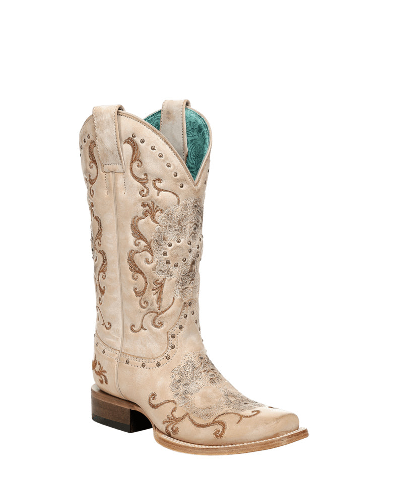 Women's Corral Straw Genuine Leather Boots with Floral Skull Embroidery & Studs