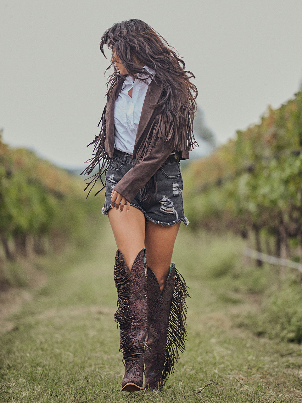 Women's Corral Brown Genuine Leather Boots with Stamped Floral Suede & Fringe Tall Top