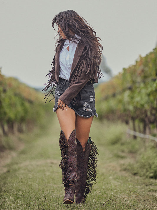 Women's Corral Brown Genuine Leather Boots with Stamped Floral Suede & Fringe Tall Top