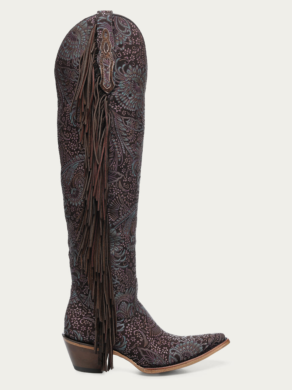 Women's Corral Brown Genuine Leather Boots with Stamped Floral Suede & Fringe Tall Top
