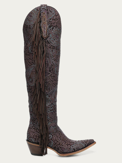 Women's Corral Brown Genuine Leather Boots with Stamped Floral Suede & Fringe Tall Top