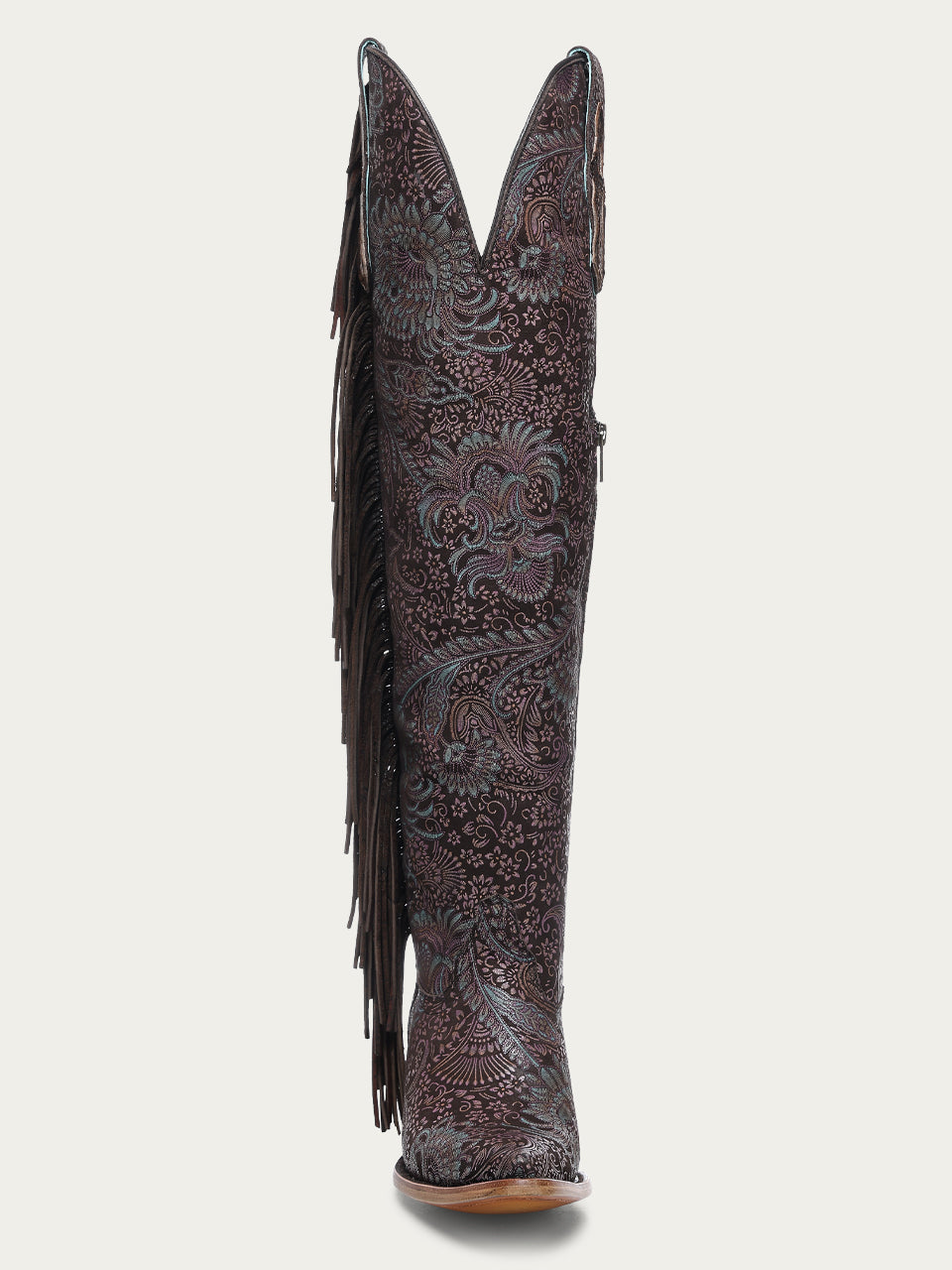 Women's Corral Brown Genuine Leather Boots with Stamped Floral Suede & Fringe Tall Top