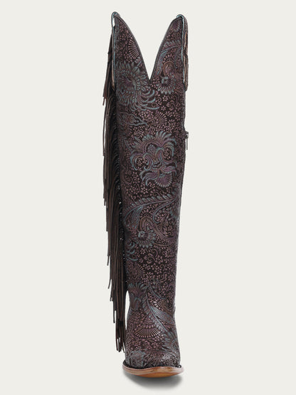 Women's Corral Brown Genuine Leather Boots with Stamped Floral Suede & Fringe Tall Top