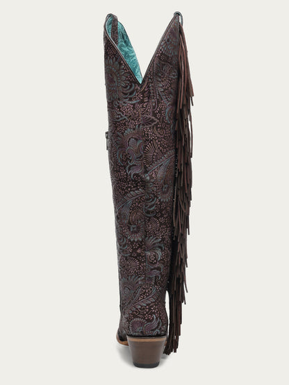 Women's Corral Brown Genuine Leather Boots with Stamped Floral Suede & Fringe Tall Top