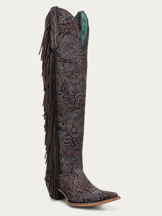 Women's Corral Brown Genuine Leather Boots with Stamped Floral Suede & Fringe Tall Top
