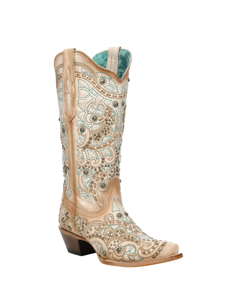 Women's Corral Bone Genuine Leather Boots with Studs & Embroidery & Woven