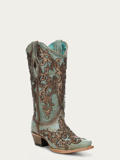 Women's Corral Turquoise Genuine Leather Boots with Overlay & Embroidery & Studs