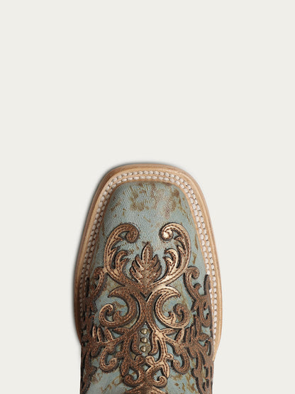 Women's Corral Turquoise Genuine Leather Boots with Gold Overlay & Embroidery