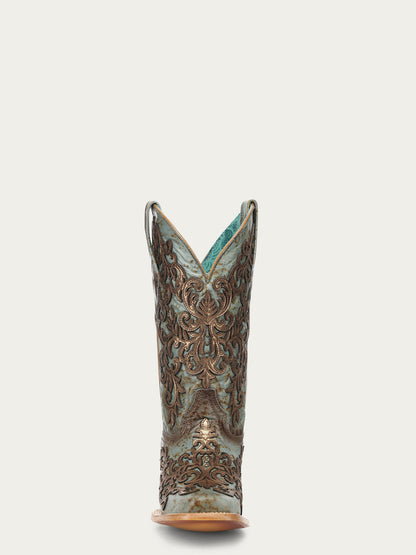 Women's Corral Turquoise Genuine Leather Boots with Gold Overlay & Embroidery
