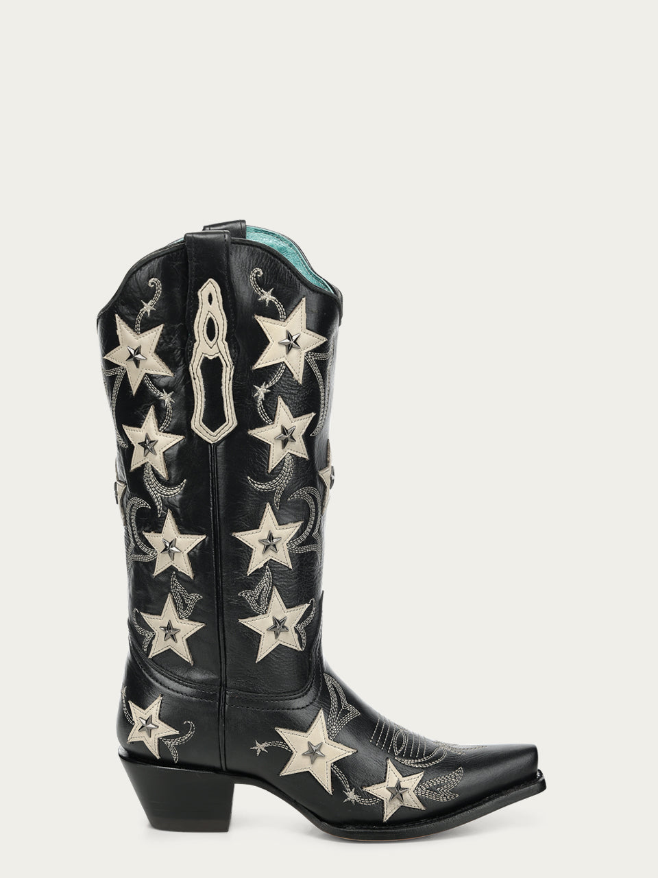 Women's Corral Black Genuine Leather Boots with Embroidery & Stars Overlay & Studs