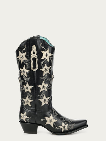 Women's Corral Black Genuine Leather Boots with Embroidery & Stars Overlay & Studs