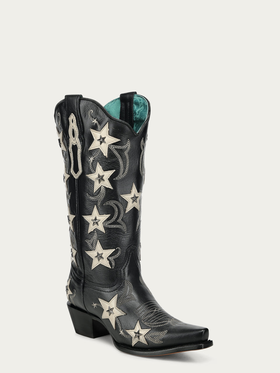 Women's Corral Black Genuine Leather Boots with Embroidery & Stars Overlay & Studs