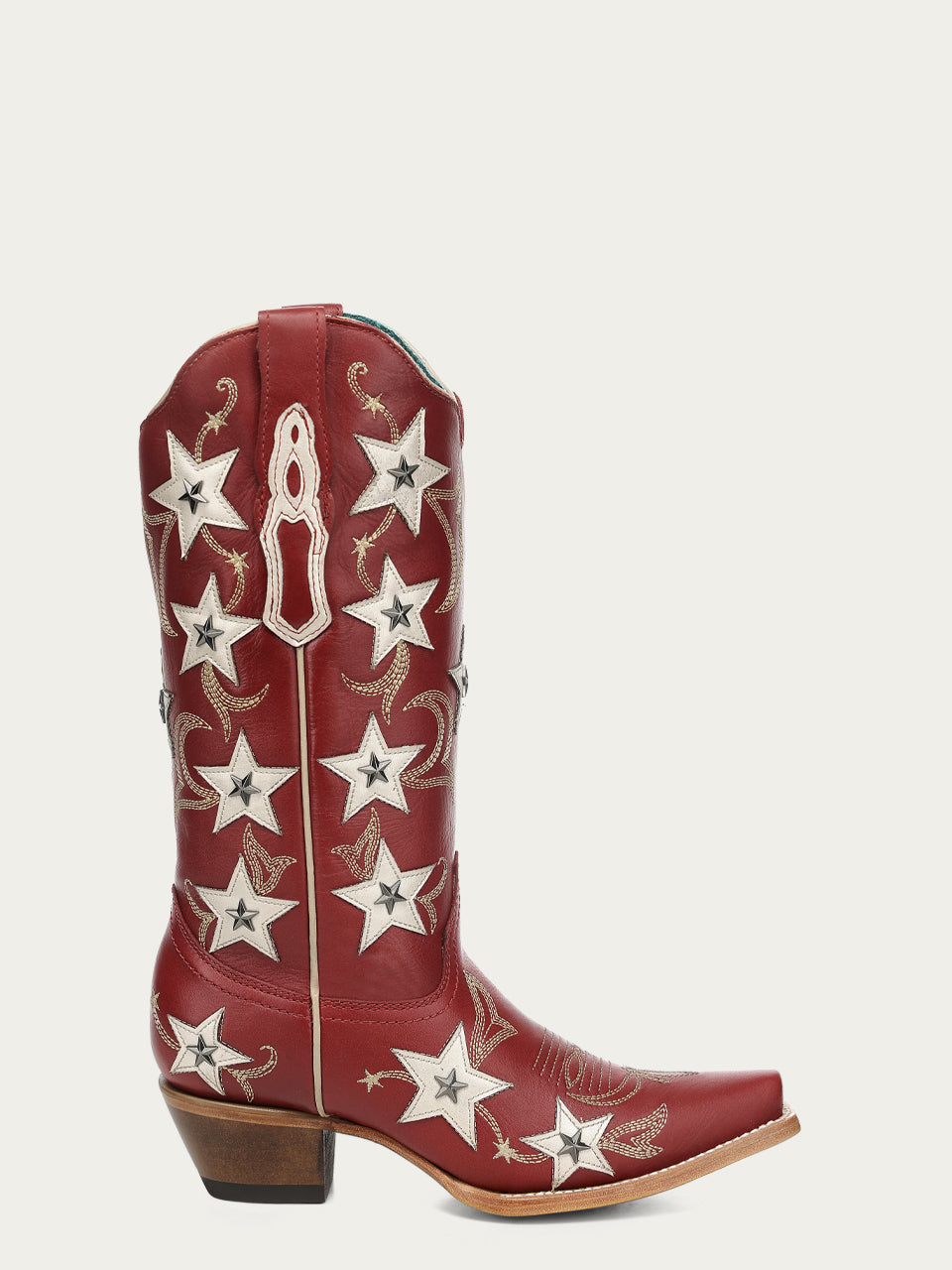 Women's Corral Red Genuine Leather Boots with Embroidery & Stars Overlay & Studs
