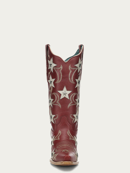 Women's Corral Red Genuine Leather Boots with Embroidery & Stars Overlay & Studs