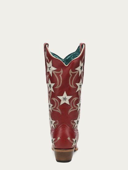 Women's Corral Red Genuine Leather Boots with Embroidery & Stars Overlay & Studs