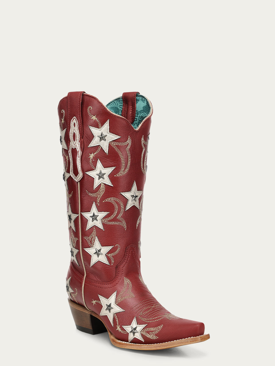 Women's Corral Red Genuine Leather Boots with Embroidery & Stars Overlay & Studs