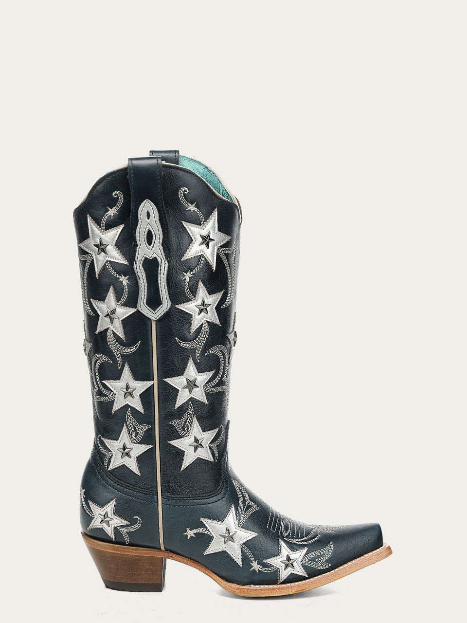 Women's Corral Navy Genuine Leather Boots with Blue Embroidery & Stars Overlay & Studs