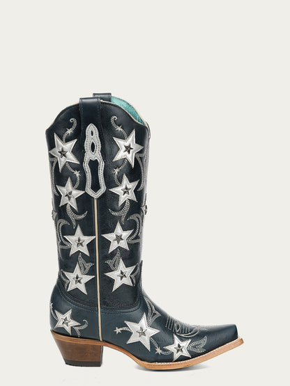 Women's Corral Navy Genuine Leather Boots with Blue Embroidery & Stars Overlay & Studs