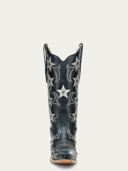 Women's Corral Navy Genuine Leather Boots with Blue Embroidery & Stars Overlay & Studs