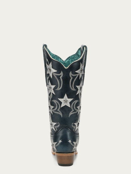 Women's Corral Navy Genuine Leather Boots with Blue Embroidery & Stars Overlay & Studs
