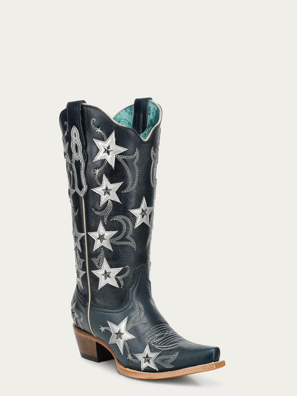 Women's Corral Navy Genuine Leather Boots with Blue Embroidery & Stars Overlay & Studs