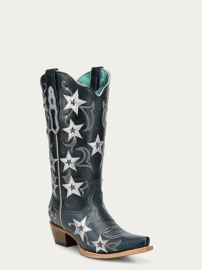 Women's Corral Navy Genuine Leather Boots with Blue Embroidery & Stars Overlay & Studs