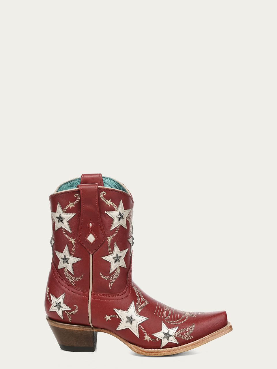Women's Corral Red Genuine Leather Boots with Embroidery & Stars Overlay & Studs Ankle Boot