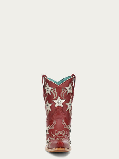 Women's Corral Red Genuine Leather Boots with Embroidery & Stars Overlay & Studs Ankle Boot
