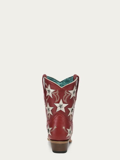 Women's Corral Red Genuine Leather Boots with Embroidery & Stars Overlay & Studs Ankle Boot