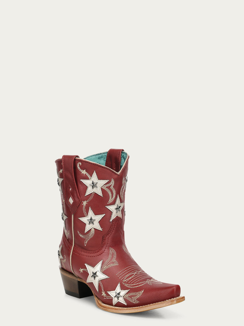Women's Corral Red Genuine Leather Boots with Embroidery & Stars Overlay & Studs Ankle Boot