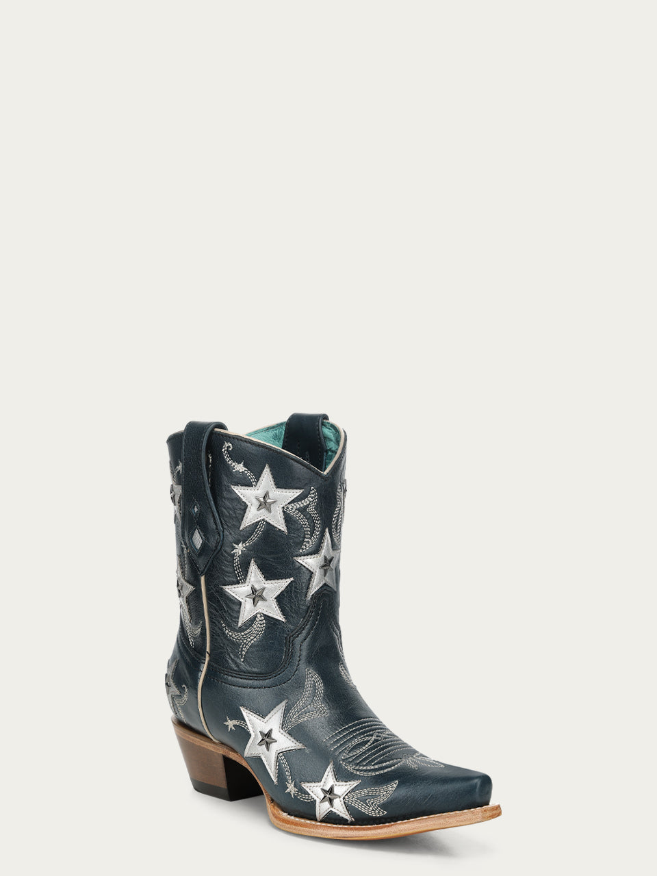 Women's Corral Navy Blue Genuine Leather Boots with Embroidery & Stars Overlay & Studs Ankle Boot