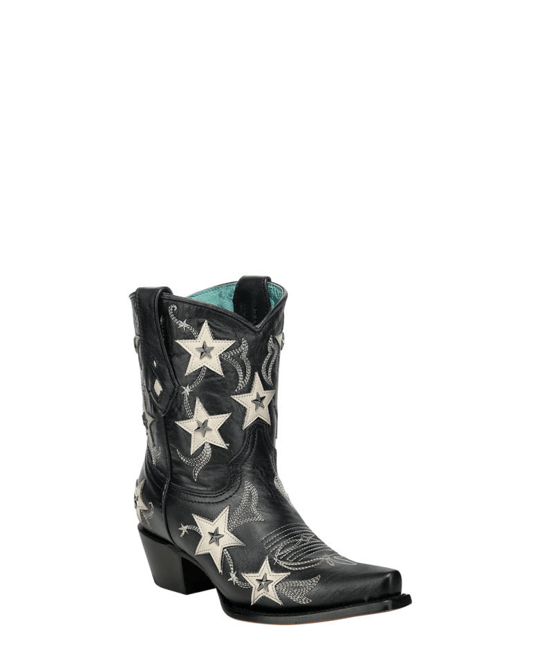 Women's Corral Black Genuine Leather Boots with Embroidery & Stars Overlay & Studs Ankle Boot