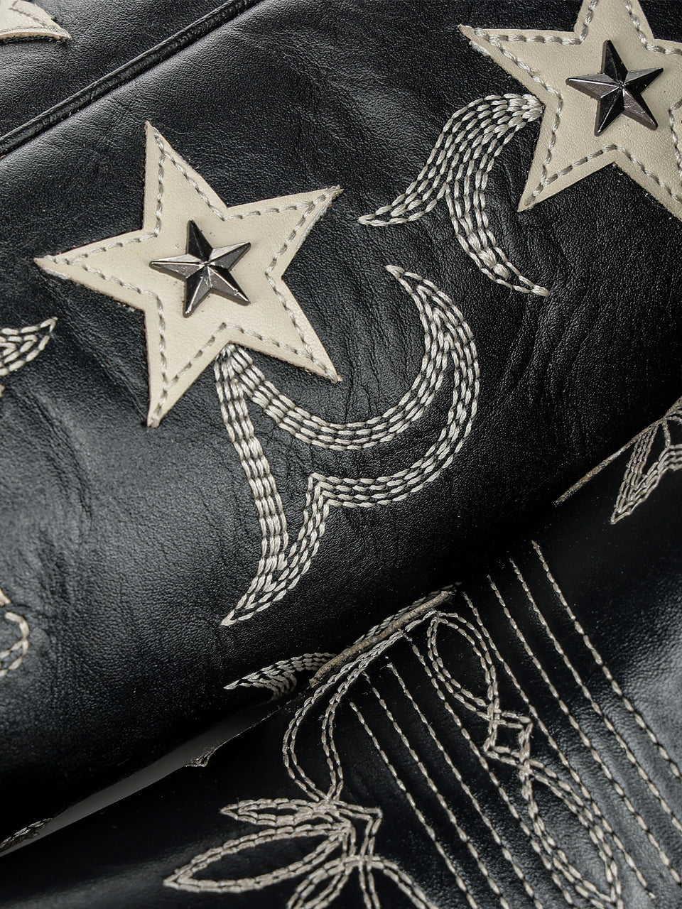 Women's Corral Black Genuine Leather Boots with Embroidery & Stars Overlay & Studs Tall Top