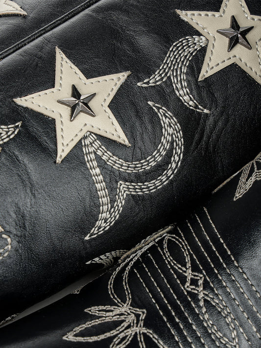 Women's Corral Black Genuine Leather Boots with Embroidery & Stars Overlay & Studs Tall Top