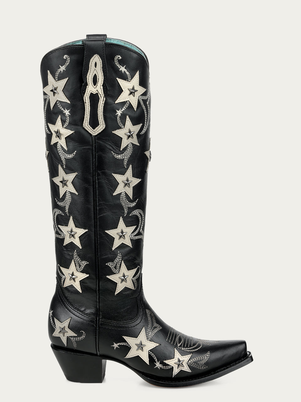 Women's Corral Black Genuine Leather Boots with Embroidery & Stars Overlay & Studs Tall Top