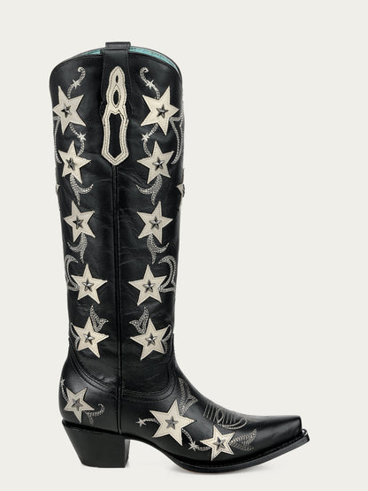 Women's Corral Black Genuine Leather Boots with Embroidery & Stars Overlay & Studs Tall Top