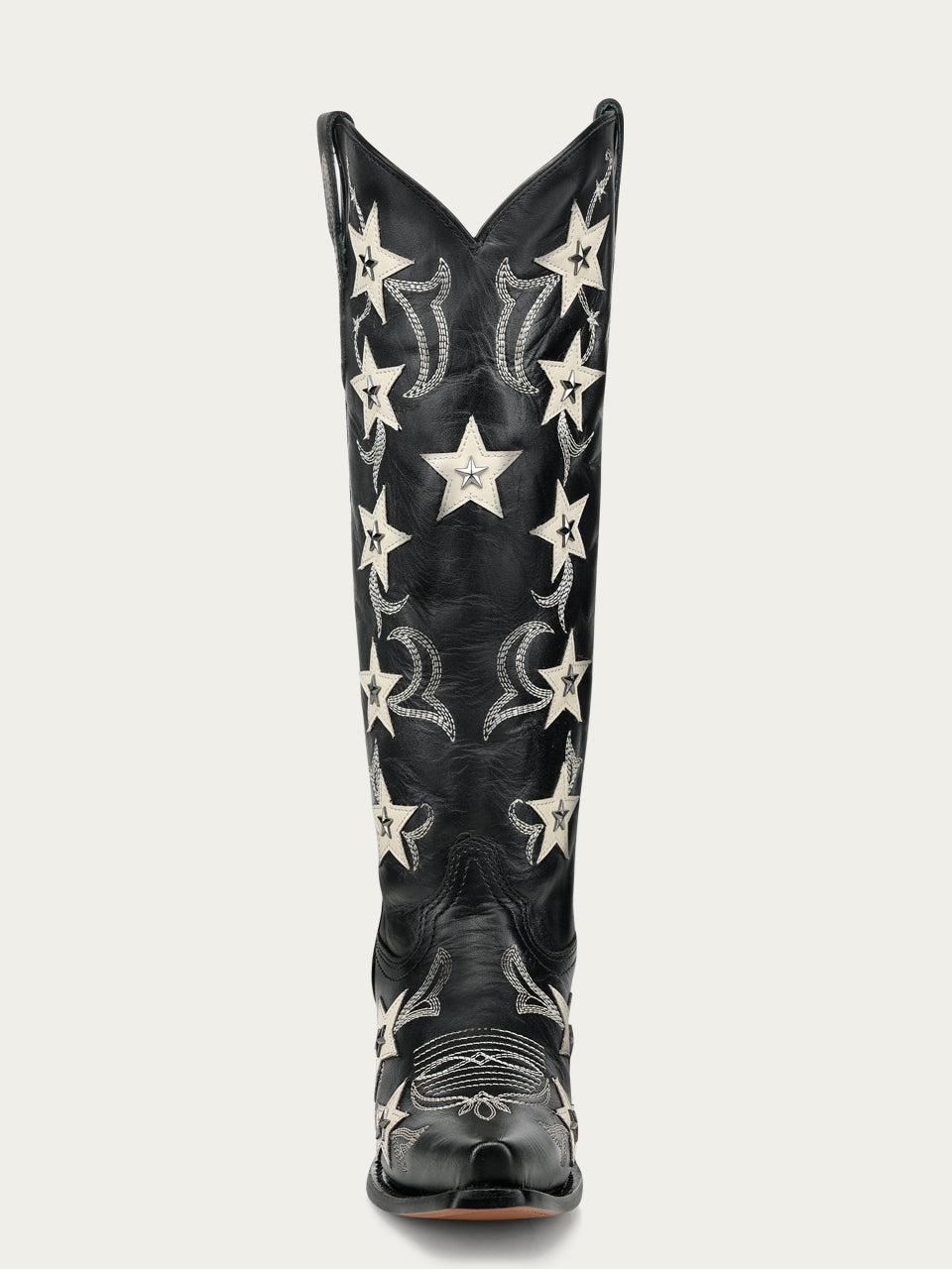 Women's Corral Black Genuine Leather Boots with Embroidery & Stars Overlay & Studs Tall Top