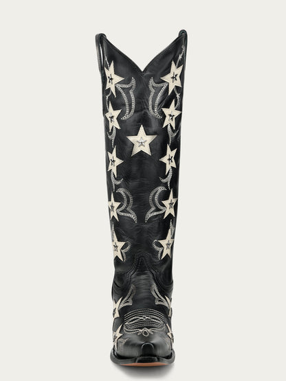 Women's Corral Black Genuine Leather Boots with Embroidery & Stars Overlay & Studs Tall Top