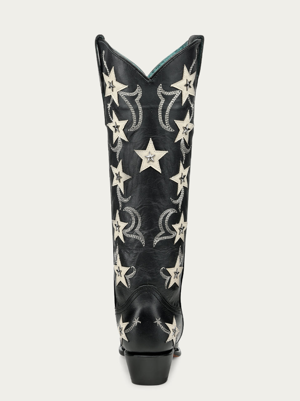 Women's Corral Black Genuine Leather Boots with Embroidery & Stars Overlay & Studs Tall Top