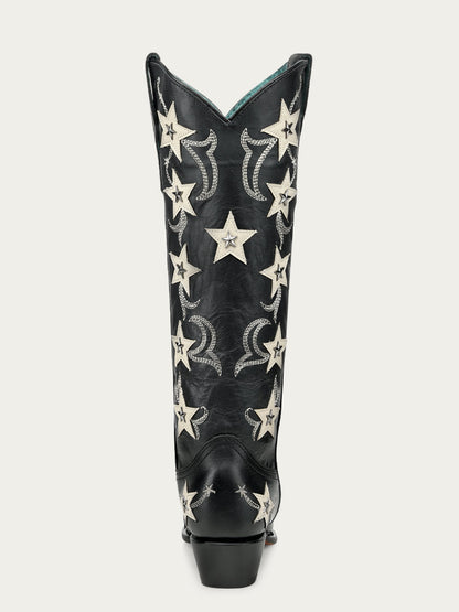 Women's Corral Black Genuine Leather Boots with Embroidery & Stars Overlay & Studs Tall Top