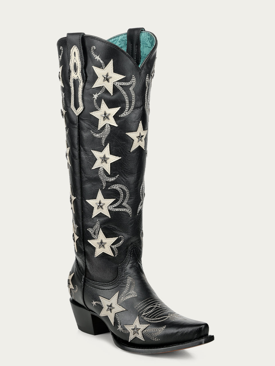 Women's Corral Black Genuine Leather Boots with Embroidery & Stars Overlay & Studs Tall Top