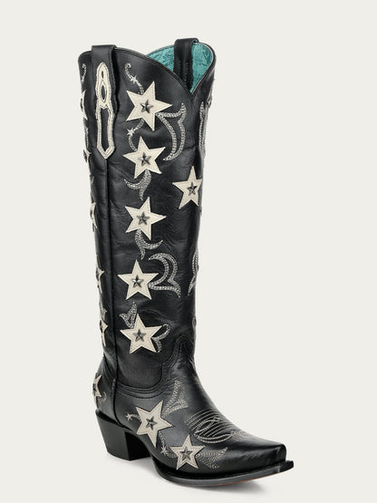 Women's Corral Black Genuine Leather Boots with Embroidery & Stars Overlay & Studs Tall Top