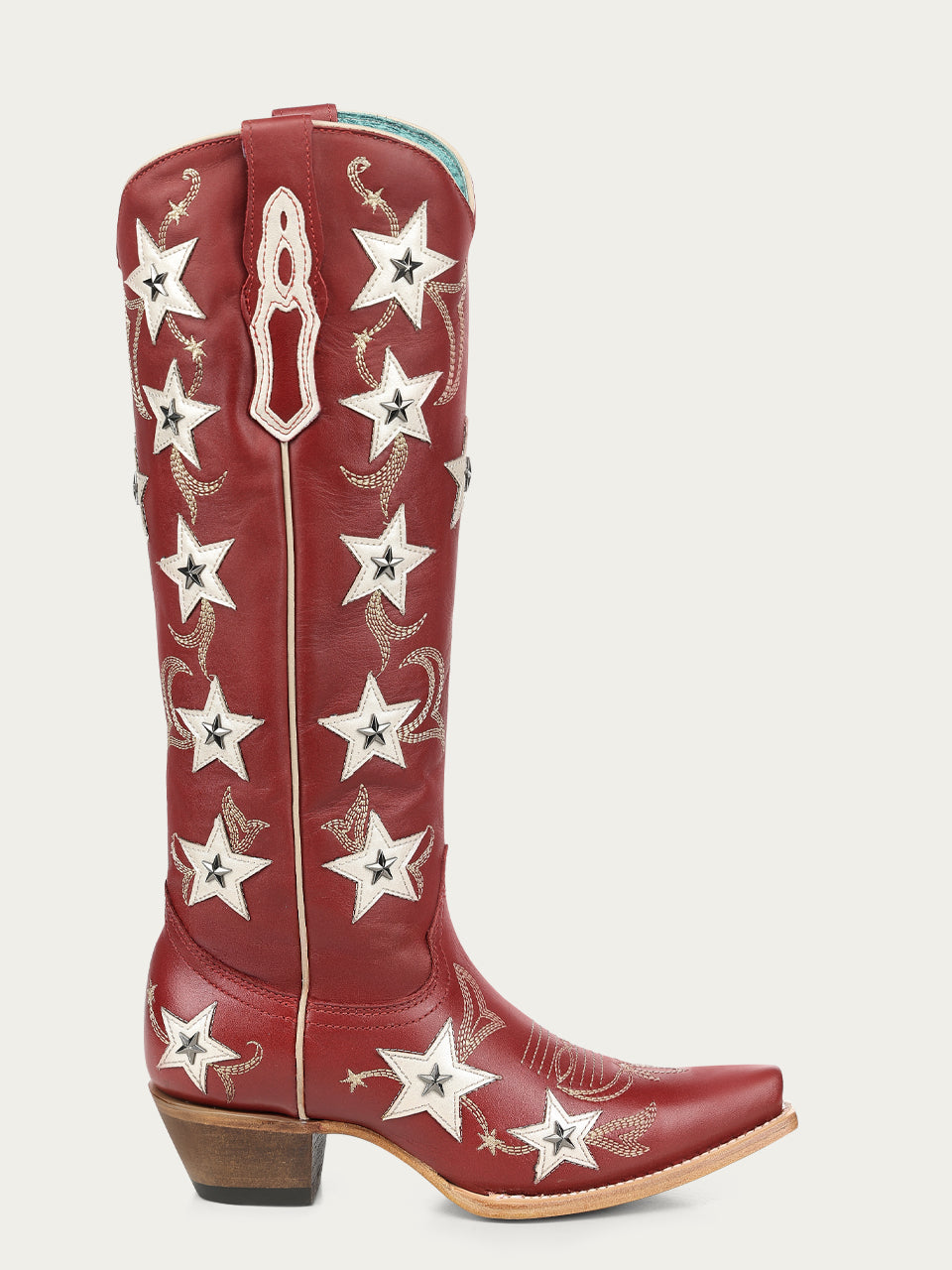 Women's Corral Red Genuine Leather Boots with Embroidery & Stars Overlay & Studs Tall Top