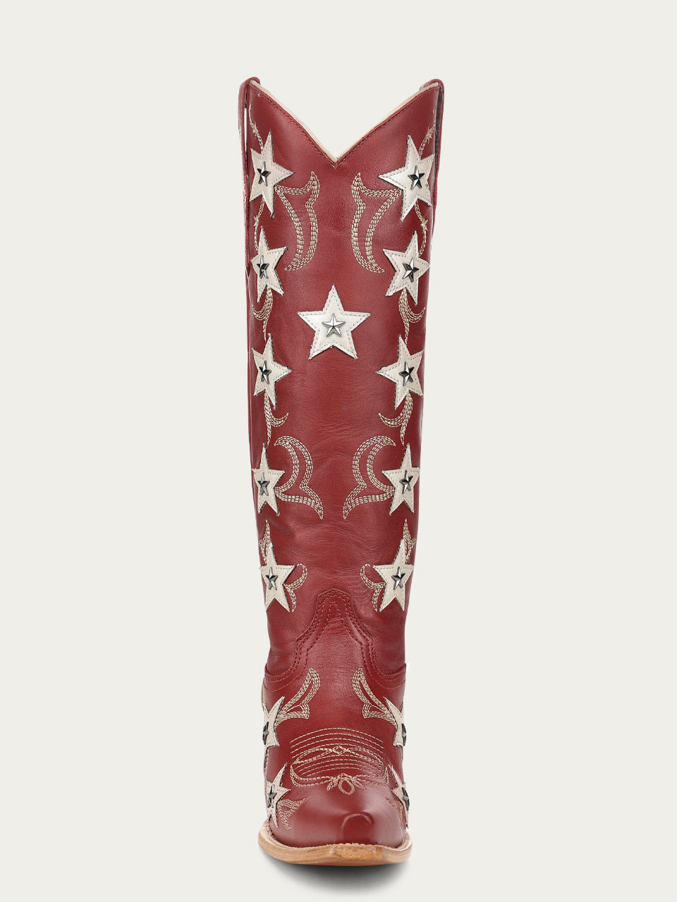 Women's Corral Red Genuine Leather Boots with Embroidery & Stars Overlay & Studs Tall Top