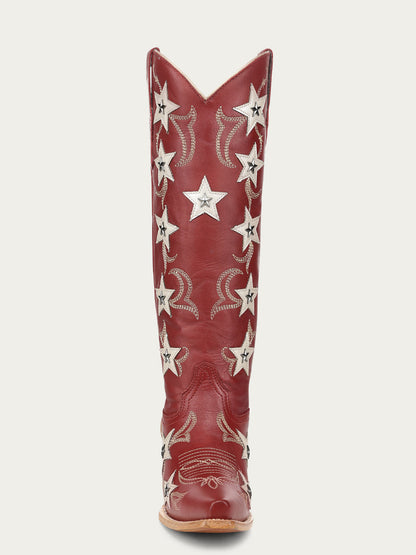 Women's Corral Red Genuine Leather Boots with Embroidery & Stars Overlay & Studs Tall Top
