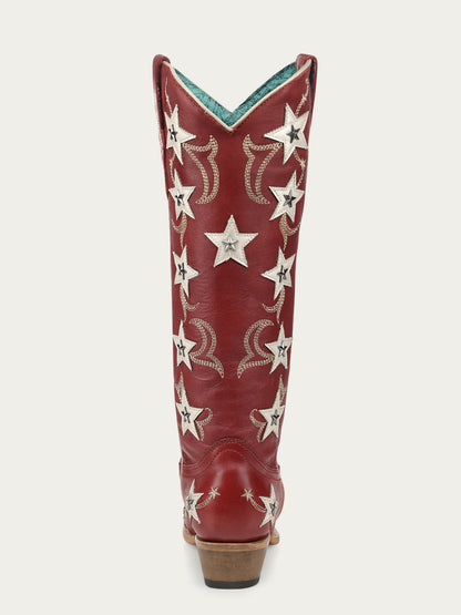 Women's Corral Red Genuine Leather Boots with Embroidery & Stars Overlay & Studs Tall Top