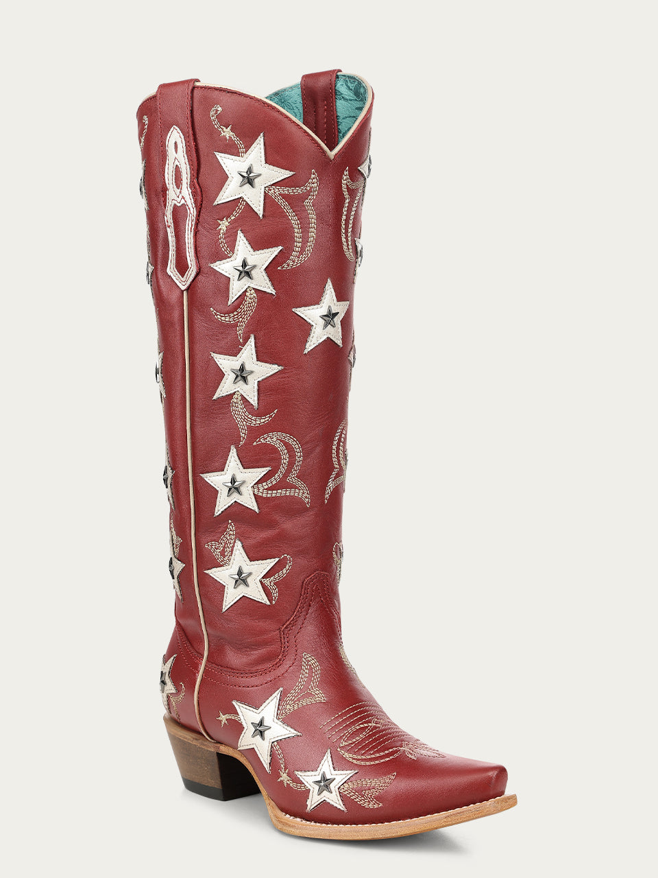 Women's Corral Red Genuine Leather Boots with Embroidery & Stars Overlay & Studs Tall Top