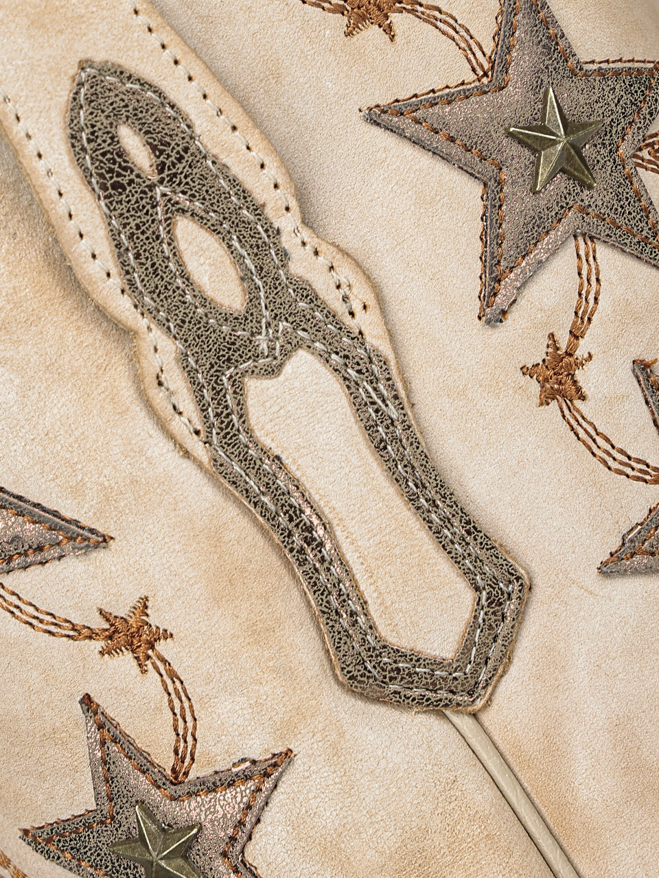 Women's Corral Bone Genuine Leather Boots with Embroidery & Stars Overlay & Studs Tall Top