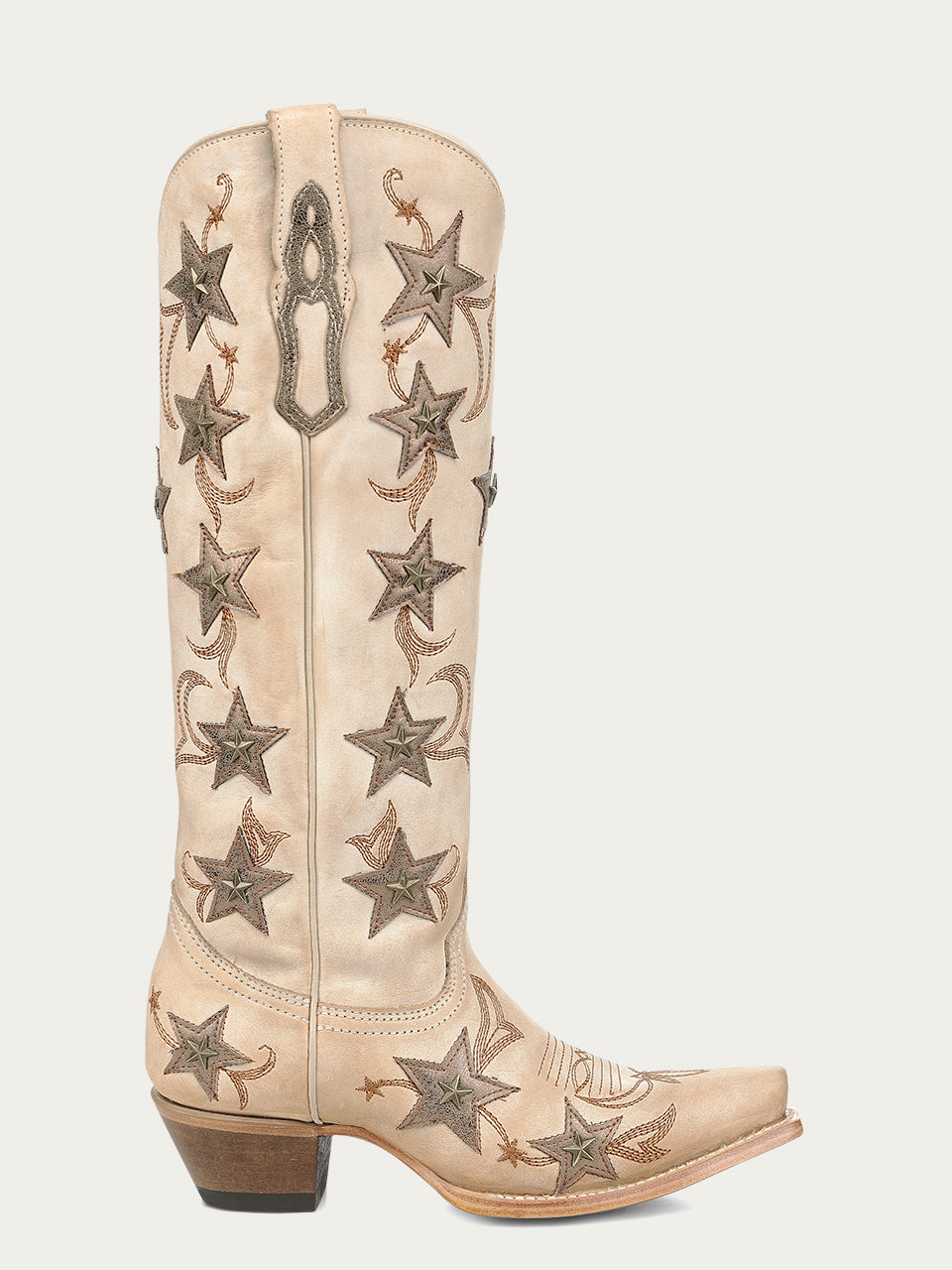 Women's Corral Bone Genuine Leather Boots with Embroidery & Stars Overlay & Studs Tall Top